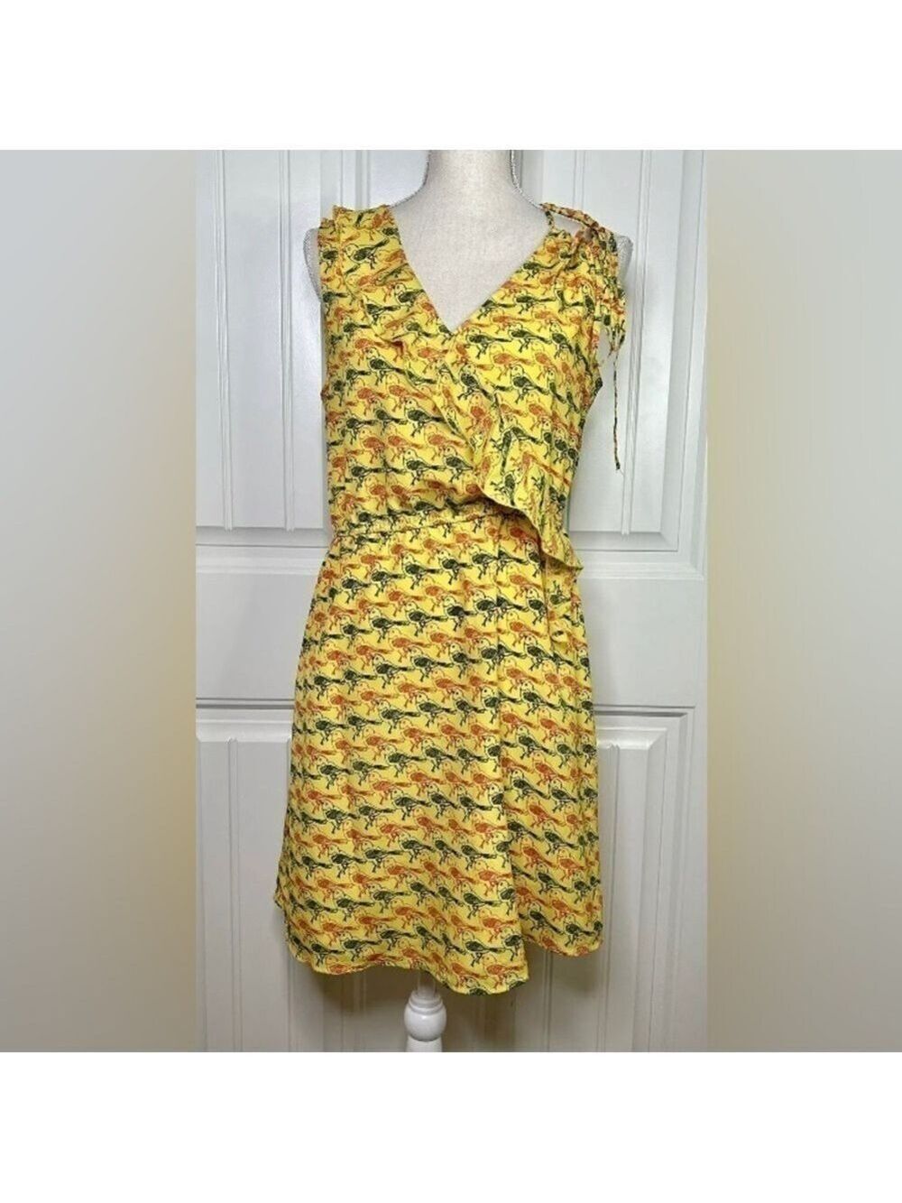 Anthropologie TULLE Brand Cottagecore Bird Print Vibrant Ruffle Dress size Small